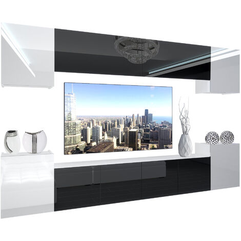 BELINI Wohnwand Vollausstattung Wohnzimmer-Set Moderne Schrankwand mit LED-Beleuchtung Anbauwand TV-Schrank Weiß/Schwarz/Glänzend