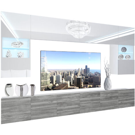 BELINI Wohnwand Vollausstattung Wohnzimmer-Set Moderne Schrankwand mit LED-Beleuchtung Anbauwand TV-Schrank Weiß/Eiche Glamour