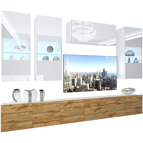 BELINI Wohnwand Vollausstattung Wohnzimmer-Set Moderne Schrankwand mit LED-Beleuchtung Anbauwand TV-Schrank Weiß/Eiche Wotan