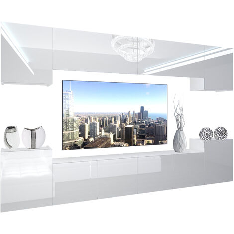 BELINI Wohnwand Vollausstattung Wohnzimmer-Set Moderne Schrankwand mit LED-Beleuchtung Anbauwand TV-Schrank Weiß
