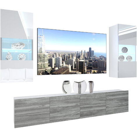 BELINI Wohnwand Vollausstattung Wohnzimmer-Set Moderne Schrankwand mit LED-Beleuchtung Anbauwand TV-Schrank Weiß/Glamourholz (1/5)