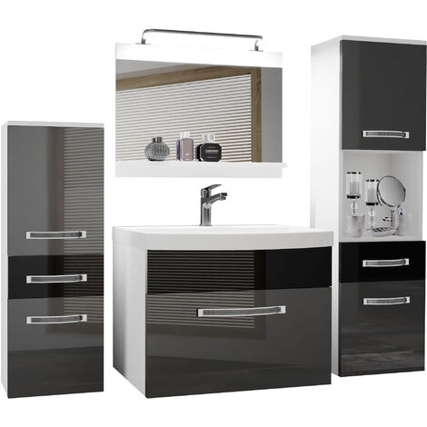Belini Badezimmer Badmöbel Set mit Waschbecken Unterschrank Waschtisch Spiegel Lampe Möbel Silber/Schwarz Glänzend