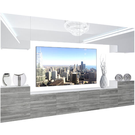BELINI Wohnwand Vollausstattung Wohnzimmer-Set Moderne Schrankwand mit LED-Beleuchtung Anbauwand TV-Schrank Weiß/Glamourholz