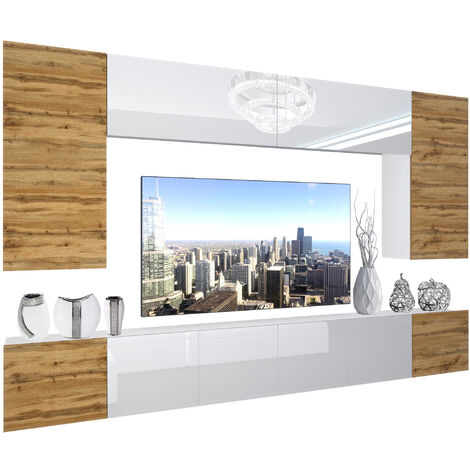 BELINI Wohnwand Vollausstattung Wohnzimmer-Set Moderne Schrankwand mit LED-Beleuchtung Anbauwand TV-Schrank Eiche Wotan/Weiß