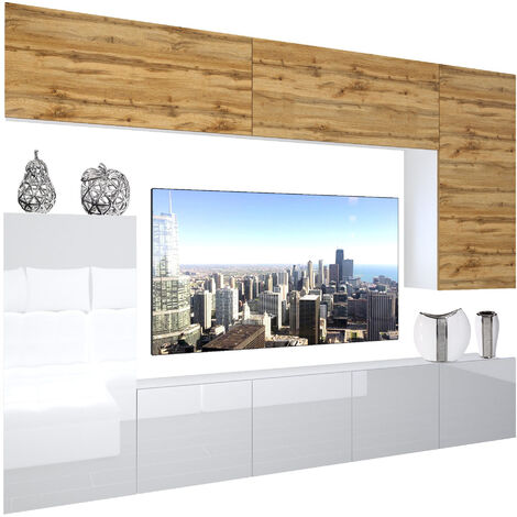 BELINI Wohnwand Vollausstattung Wohnzimmer-Set Moderne Schrankwand mit LED-Beleuchtung Anbauwand TV-Schrank Eiche Wotan/Weiß