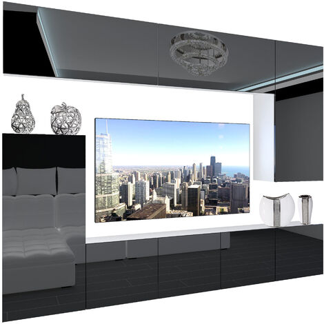 MELODY Wohnwand Schwarz/Weiß Hochglanz - 312x190x40cm Mit LED Beleuchtung