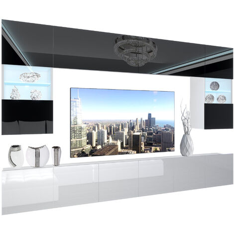 BELINI Wohnwand Vollausstattung Wohnzimmer-Set Moderne Schrankwand mit LED-Beleuchtung Anbauwand TV-Schrank Schwarz/Weiß