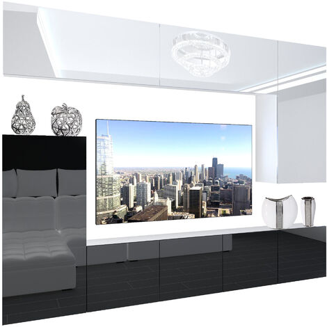 BELINI Wohnwand Wohnzimmer-Set Vollausstattung Moderne Schrankwand mit LED-Beleuchtung Anbauwand TV-Schrank Weiß ganzes Oberteil/Schwarz