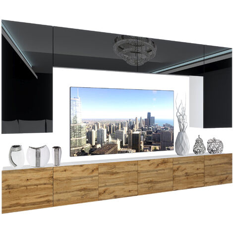 BELINI Wohnwand Vollausstattung Wohnzimmer-Set Moderne Schrankwand mit LED-Beleuchtung Anbauwand TV-Schrank Schwarz/Wotan Eiche