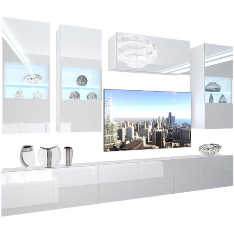 BELINI Wohnwand Vollausstattung Wohnzimmer-Set Moderne Schrankwand mit LED-Beleuchtung Anbauwand TV-Schrank Weiß