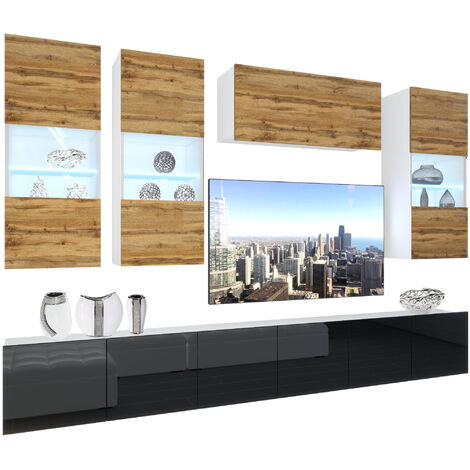 BELINI Wohnwand Vollausstattung Wohnzimmer-Set Moderne Schrankwand mit LED-Beleuchtung Anbauwand TV-Schrank Wotan Eiche/Schwarz (1/5)