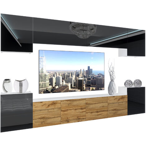 BELINI Wohnwand Vollausstattung Wohnzimmer-Set Moderne Schrankwand mit LED-Beleuchtung Anbauwand TV-Schrank Schwarz Top/Wotan Eiche untene Seiten Schwarz