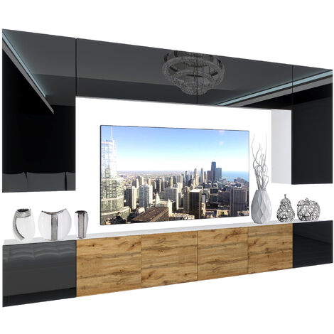 BELINI Wohnwand Vollausstattung Wohnzimmer-Set Moderne Schrankwand mit LED-Beleuchtung Anbauwand TV-Schrank Schwarz Top/Wotan Eiche