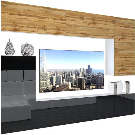 BELINI Wohnwand Vollausstattung Wohnzimmer-Set Moderne Schrankwand mit LED-Beleuchtung Anbauwand TV-Schrank Wotan Eiche/Schwarz