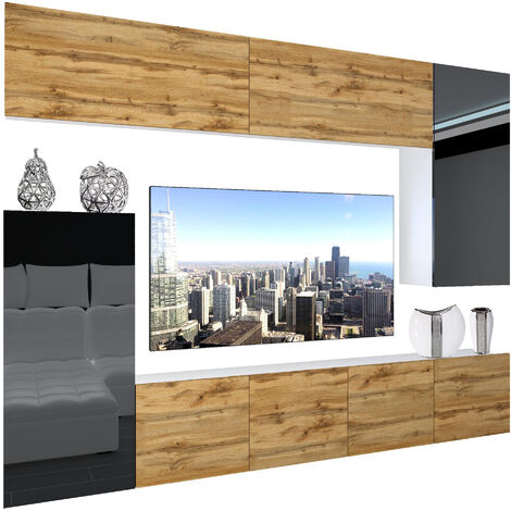 BELINI Wohnwand Vollausstattung Wohnzimmer-Set Moderne Schrankwand mit LED-Beleuchtung Anbauwand TV-Schrank Wotan Eiche/Schwarz