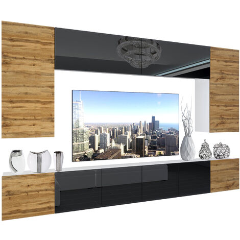 BELINI Wohnwand Vollausstattung Wohnzimmer-Set Moderne Schrankwand mit LED-Beleuchtung Anbauwand TV-Schrank Wotan Eiche/Schwarz