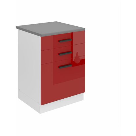 Belini Unterschrank Küche, Küchenunterschrank 60 cm Breite. SDSZ Küchenunterschrank mit Arbeitsplatte. Küchenschrank mit Schubladen, Rot Hochglanz