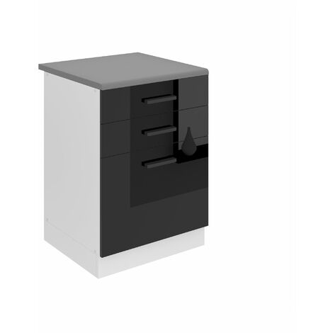 Belini Unterschrank Küche, Küchenunterschrank 60 cm Breite. SDSZ Küchenunterschrank mit Arbeitsplatte. Küchenschrank mit Schubladen, Schwarz Hochglanz