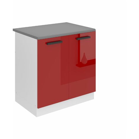 Belini Unterschrank Küche, Spülenunterschrank 80 cm Breite. SDZ Küchenunterschrank mit Arbeitsplatte. Spülenschrank mit 2 Türen, Rot Hochglanz