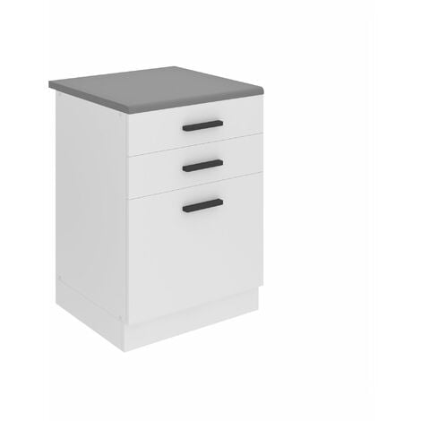 Lomadox Küchenunterschrank 60cm Grau Mit Schubladen - Landhaus Design Mit Eichen Arbeitsplatte