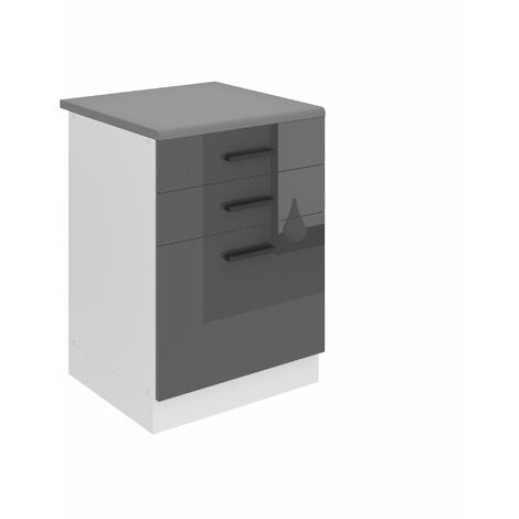 Belini Unterschrank Küche, Küchenunterschrank 60 cm Breite. SDSZ Küchenunterschrank mit Arbeitsplatte. Küchenschrank mit Schubladen, Silber Hochglanz