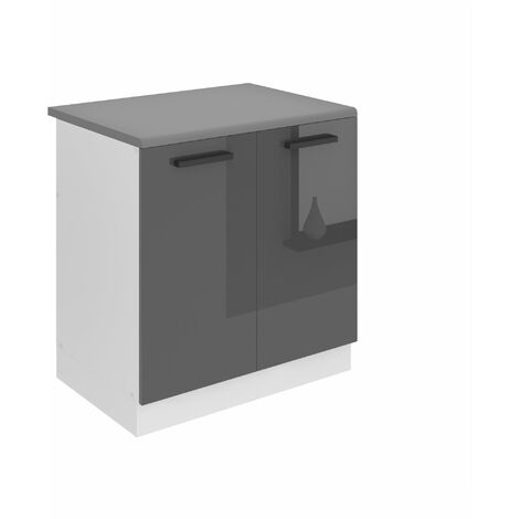 Belini Unterschrank Küche, Spülenunterschrank 80 cm Breite. SDZ Küchenunterschrank mit Arbeitsplatte. Spülenschrank mit 2 Türen, Silber Hochglanz