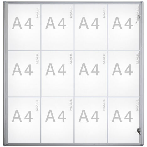 Vitrine d'affichage A4 12 feuilles – Aluminium argent – Verre synthétique – Porte battante avec serrure – Profondeur 27 mm – Maul