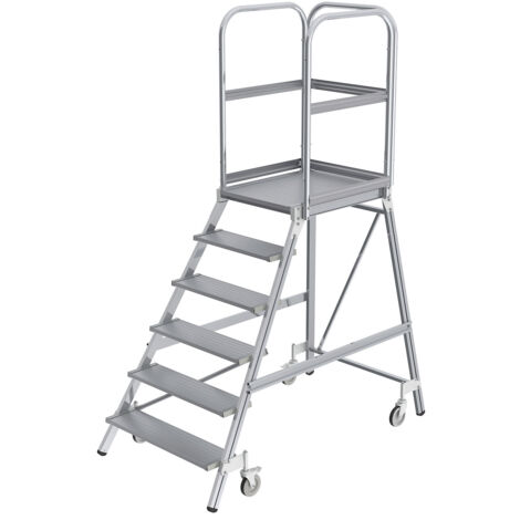 Günzburger Steigtechnik Escalier à palier praticable d'un côté avec roulette à ressort aluminium strié 6 marches - 050106 (1/5)