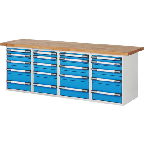 Établi modulaire Série 7000 – Plateau en hêtre massif 2500 x 700 mm – Charge maximale 1000 kg – 20 tiroirs – Hauteur 890 mm – Eurokraftpro