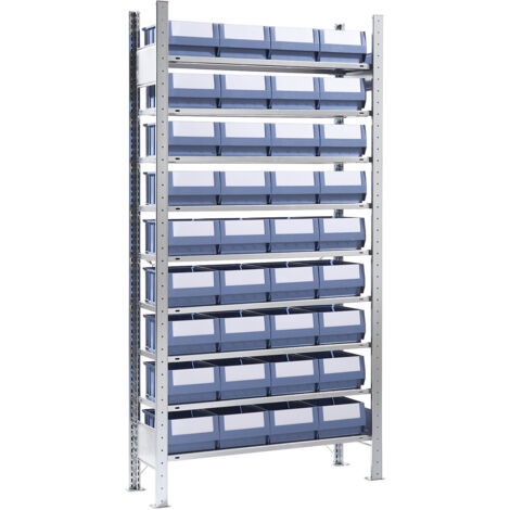 EUROKRAFT Rayonnage emboîtable avec bacs - 36 bacs, 9 tablettes, profondeur 336 mm - rayonnage de base (1/4)