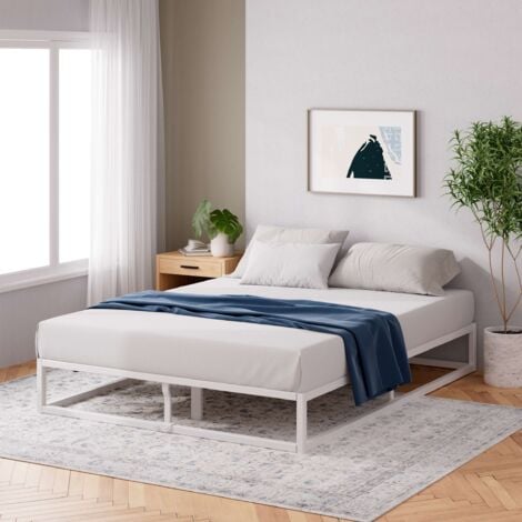 Lit 2 personnes, Lit 160x200 cm, Cadre de lit en métal avec lattes en bois, Hauteur 25.5 cm, Cadre de lit Éco-responsable, Blanc