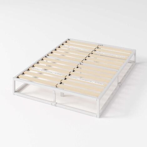 Lit 2 personnes, Lit 160x200 cm, Cadre de lit en métal avec lattes en bois, Hauteur 25.5 cm, Cadre de lit Éco-responsable, Blanc
