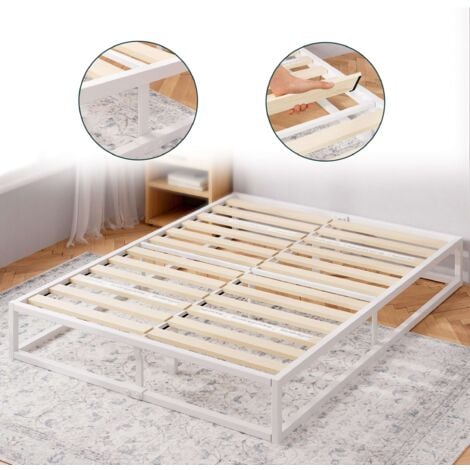 Lit 2 personnes, Lit 160x200 cm, Cadre de lit en métal avec lattes en bois, Hauteur 25.5 cm, Cadre de lit Éco-responsable, Blanc