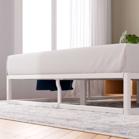 Lit 2 personnes, Lit 160x200 cm, Cadre de lit en métal avec lattes en bois, Hauteur 25.5 cm, Cadre de lit Éco-responsable, Blanc