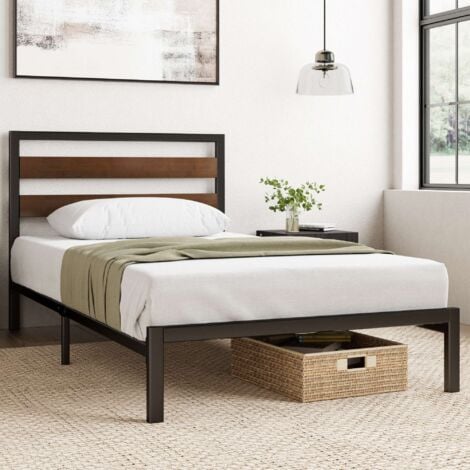Zinus Kai Lit 90x190 cm - Cadre en bambou et métal avec tête de lit, lattes robustes, montage facile, 35 cm de hauteur, Noir/Marron