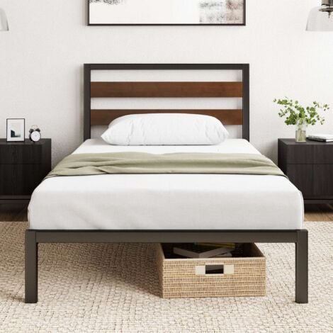 Zinus Kai Lit 90x190 cm - Cadre en bambou et métal avec tête de lit, lattes robustes, montage facile, 35 cm de hauteur, Noir/Marron