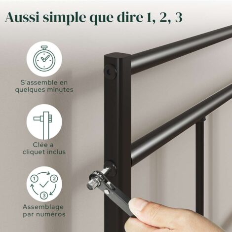 Lit Marion 1 personne - Lit 90x190 cm - Cadre de lit en métal avec tête de lit - Montage facile - Hauteur 30cm - Lit avec support de lattes en métal - Noir
