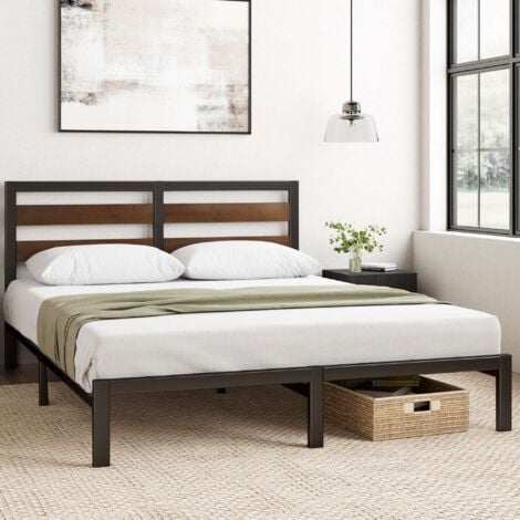 Zinus Kai Lit 140x190 cm - Cadre en bambou et métal avec tête de lit, lattes robustes, montage facile, 35 cm de hauteur, Noir/Marron