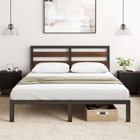 Zinus Kai Lit 140x190 cm - Cadre en bambou et métal avec tête de lit, lattes robustes, montage facile, 35 cm de hauteur, Noir/Marron