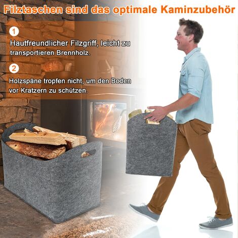 SPORWAY - Lot De 2 Paniers à Bois XXL Pliables En Feutre Épais - 65L, Poignée Bois - Pour Cheminée, Rangement - 3