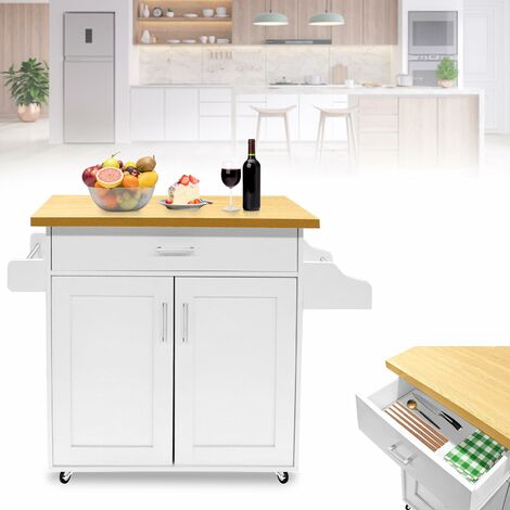 Chariot De Cuisine Avec Roulettes Et Plan De Travail - Îlot Mobile 115x36x90 Cm - Blanc Avec Plateau Bois - Tiroirs Et étagères - 10