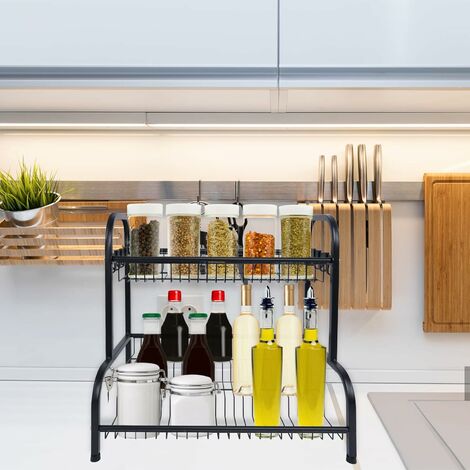 Étagère à Épices 2 Niveaux Grande Capacité - Organisateur Cuisine En Métal Noir, Porte-Ustensiles, Porte-Planches, 6 Crochets, Support Égouttoir