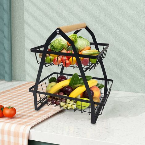 GOLDFOX Corbeille à Fruits 2 Étages Métal Avec Anse Bois - Panier Fruits Et Légumes Organisateur Cuisine