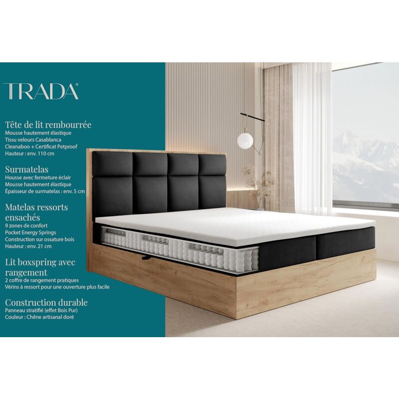 Lit Électrique TRADA ADÈLE 160x200 - Matelas Ressorts Ensachés, Sommier Rangement Velours Gris