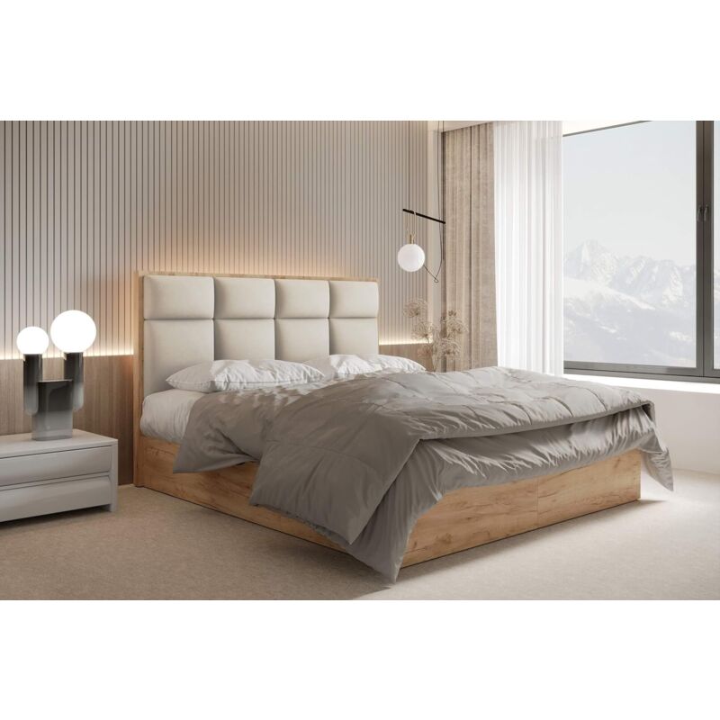 Lit Double Sawana 180x200cm - Matelas 7 Zones Bonell - Surmatelas - Tête De Lit - Gris Bleu