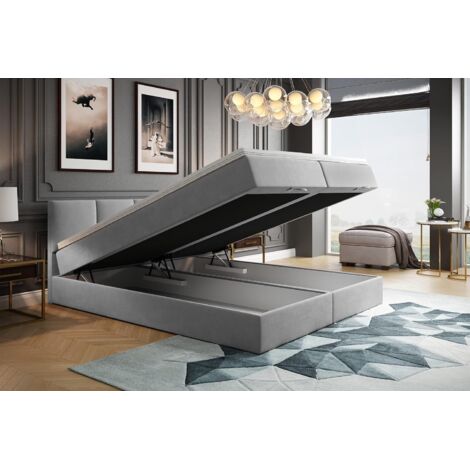 Lit adulte 180x200 cm ROYAL - rembourré avec rangement et matelas – tissu velours - gris clair