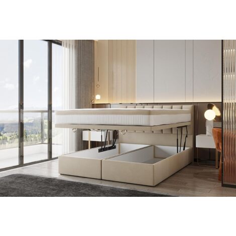 Lit adulte 160x200 cm BOND - avec rangement et matelas ressorts ensachés - tissu velours - beige