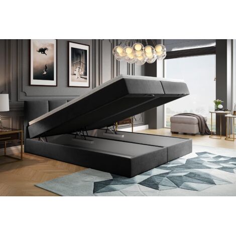 Lit adulte 140x200 cm ROYAL - rembourré avec rangement et matelas – tissu velours - gris foncé