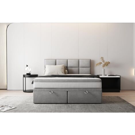 Lit adulte 160x200 cm TROPEA - avec rangement et matelas ressorts ensachés - tissu velours - gris
