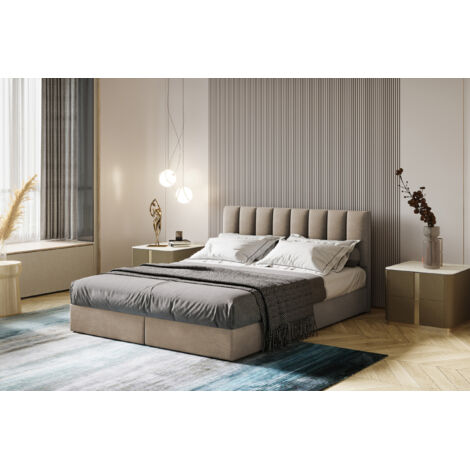 Lit adulte 160x200 cm CITY - rembourré avec rangement et matelas – tissu velours - beige